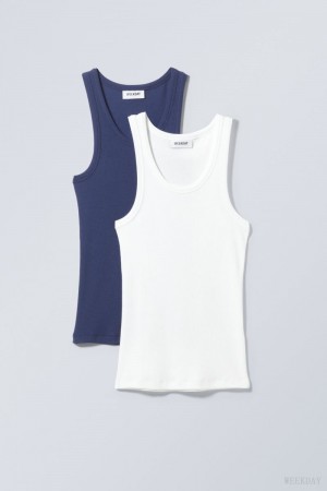 Weekday 2-pack Close Fitted Rib Tank Top Blue / White | RNWB7935