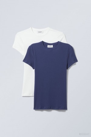 Weekday 2-pack Close Fitted Rib T-shirt White Blue | QVGD4716