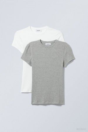 Weekday 2-pack Close Fitted Rib T-shirt White Grey | HRUH1402