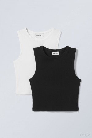 Weekday 2-pack Pure Crop Tank Top Black White | SBUN9104