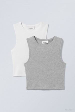 Weekday 2-pack Pure Crop Tank Top Grey White | OSJH8290