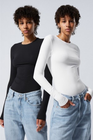 Weekday 2-pack Slim Fitted Long Sleeves Black / White | VPET4286