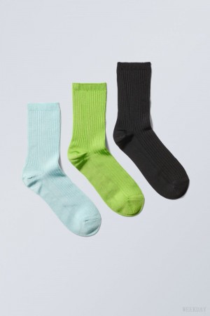 Weekday 3-pack Lova Shiny Socks Blue Green Black | ANWB6181