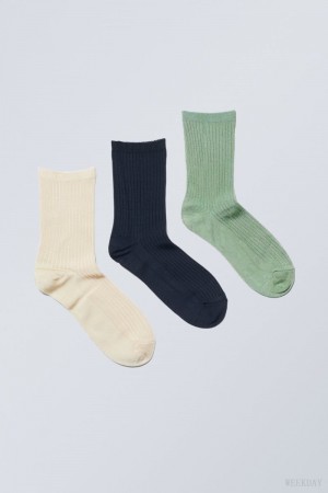 Weekday 3-pack Lova Shiny Socks Cream Navy Green | GHRN8968