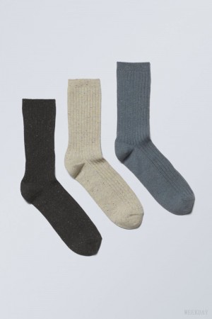 Weekday 3-pack Rib Neps Socks Black Beige Blue | FKZF3200