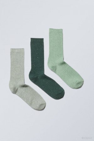 Weekday 3-pack Rib Neps Socks Green | NCYJ7490