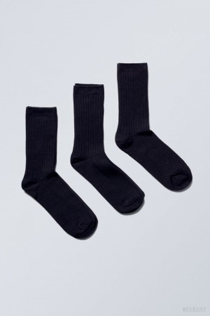 Weekday 3-pack Rib Socks Black | XEEL1654