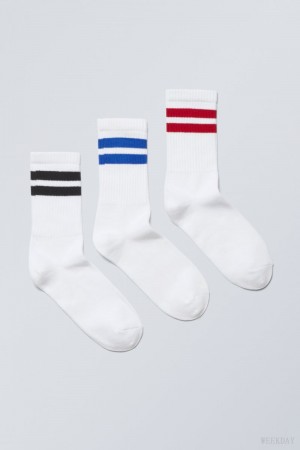 Weekday 3-pack Sport Striped Socks Blue Black Red Stripes | HFVF4591