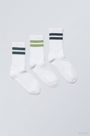 Weekday 3-pack Sport Striped Socks Green Stripes | FDHC2520