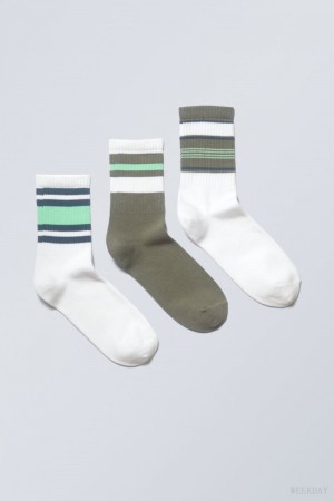 Weekday 3-pack Striped Sport Socks Green Stripes | DNXV1399