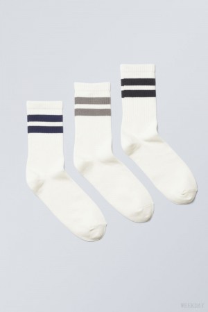 Weekday 3-pack Striped Sport Socks Grey Navy Black Stripes | QBTF3178