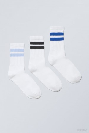 Weekday 3-pack Striped Sport Socks Light Blue Stripes | JAQI3327