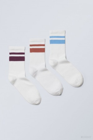 Weekday 3-pack Striped Sport Socks Purple Orange Blue | TBNH7389