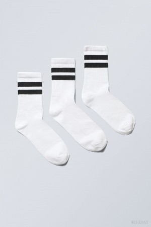 Weekday 3-pack Striped Sport Socks White Black | KKAA0127