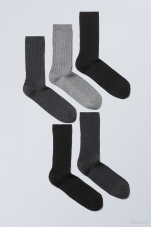 Weekday 5-pack Rib Socks Black Grey | DIEK4116