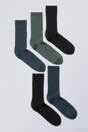 Weekday 5-pack Rib Socks Dark Grey Blue Green | ZTZI4537