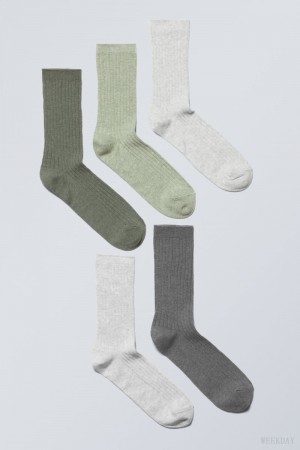 Weekday 5-pack Rib Socks Green | DJUE9119