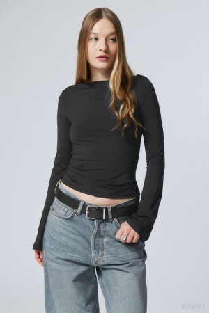 Weekday Annie Boatneck Long Sleeve Top Black | FALW6952