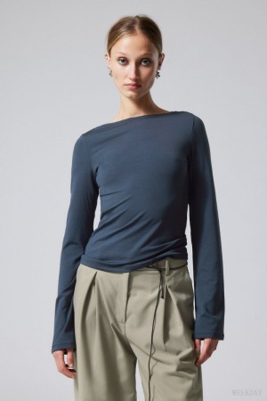 Weekday Annie Boatneck Long Sleeve Top Dark Blue | WVZQ9760