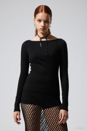 Weekday Boatneck Fitted Long Sleeve Top Black | YMFG1542