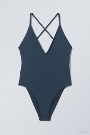 Weekday Deep V-neck Swimsuit Navy | CSNF6009