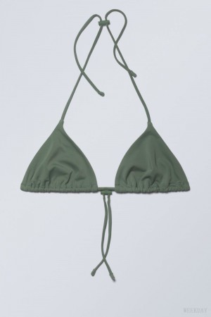 Weekday Drawstring Halter Bikini Top Olive Green | AGPX2179