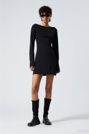 Weekday Era Boat Neck Mini Dress Black | MGQR8777