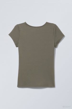 Weekday Gizem Open Back T-shirt Dark Khaki Green | QKCL8968