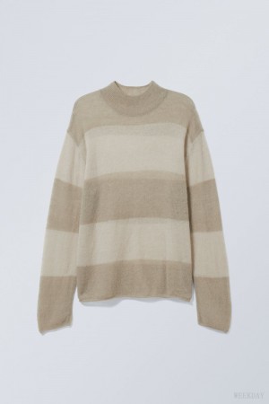 Weekday Holger Regular Wool Mockneck Beige Stripes | AVHC9152