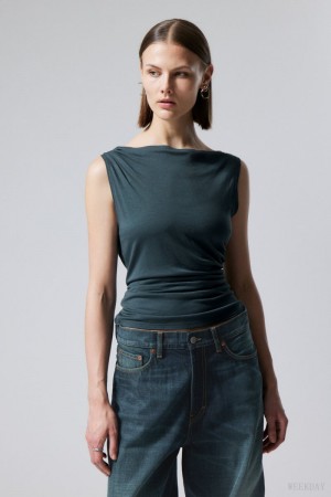 Weekday Joan Drape Top Dark Green | YHPQ1458