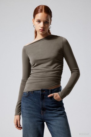 Weekday Main Asymmetric Long Sleeve Dark Khaki | SPSH9280