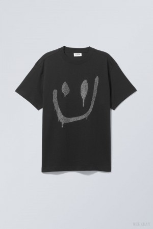 Weekday Oversized Graphic Printed T-shirt Drippy Rhinestone Smiley | AMPT1674