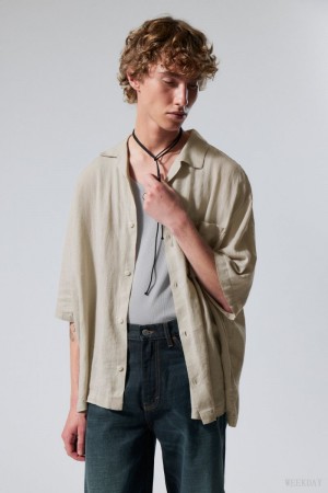 Weekday Oversized Linen Short Sleeve Shirt Ecru | IASH8606