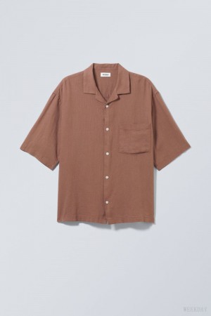 Weekday Oversized Linen Short Sleeve Shirt Brown | ESAF3481