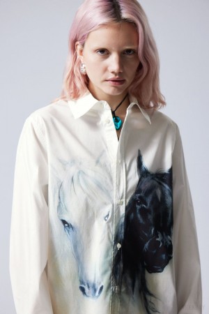 Weekday Oversized Printed Poplin Shirt White / Black | WYWH5345