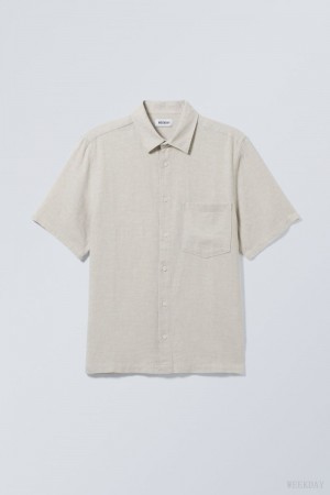 Weekday Relaxed Linen Short Sleeve Shirt Ecru | IJYS7749