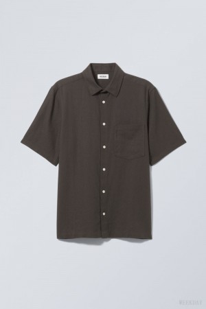 Weekday Relaxed Linen Short Sleeve Shirt Black | KMEK4838