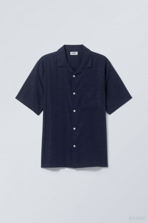 Weekday Relaxed Resort Short Sleeve Shirt Dark Blue | TMLH1905