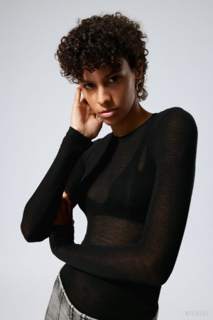 Weekday Soft Sheer Long Sleeve Top Black | PRQQ0402