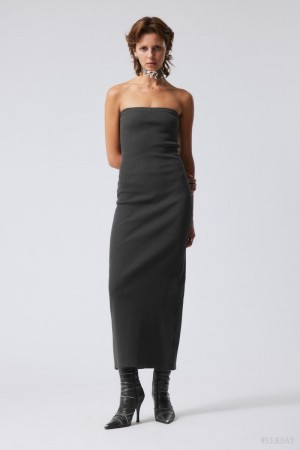 Weekday Tania Ribbed Tube Dress Dark Grey | MXXR4931