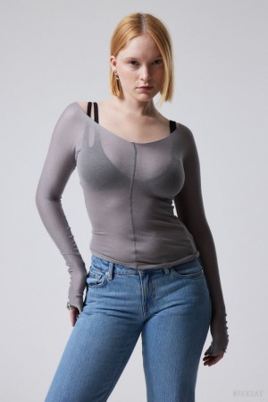 Weekday Yen Sheer Longsleeve Top Grey | PUGC5395