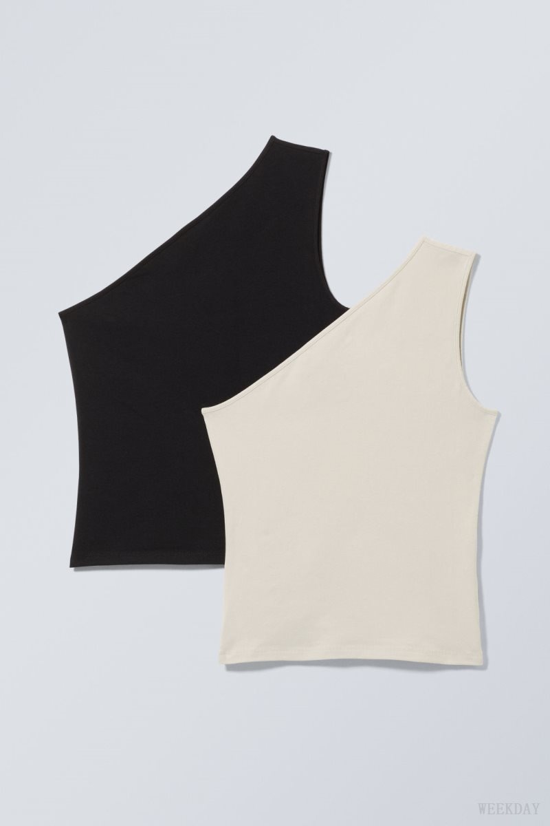 Weekday 2-pack Cindy One Shoulder Tank Top Black Beige | TDZV3946