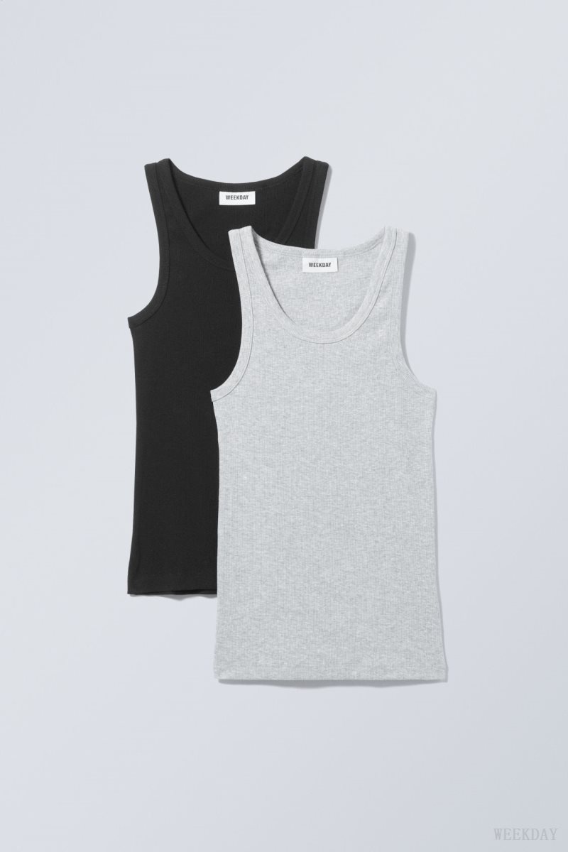 Weekday 2-pack Close Fitted Rib Tank Top Black Grey | ZFVX3546