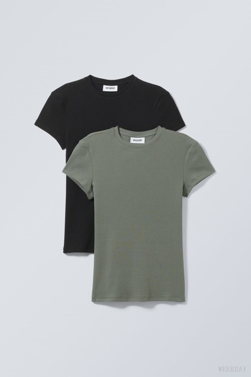 Weekday 2-pack Close Fitted Rib T-shirt Black / Khaki | GZIF6496