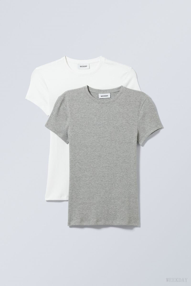 Weekday 2-pack Close Fitted Rib T-shirt White Grey | HRUH1402