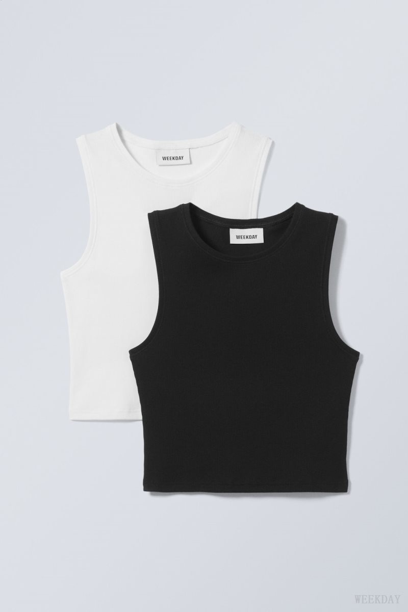 Weekday 2-pack Pure Crop Tank Top Black White | SBUN9104