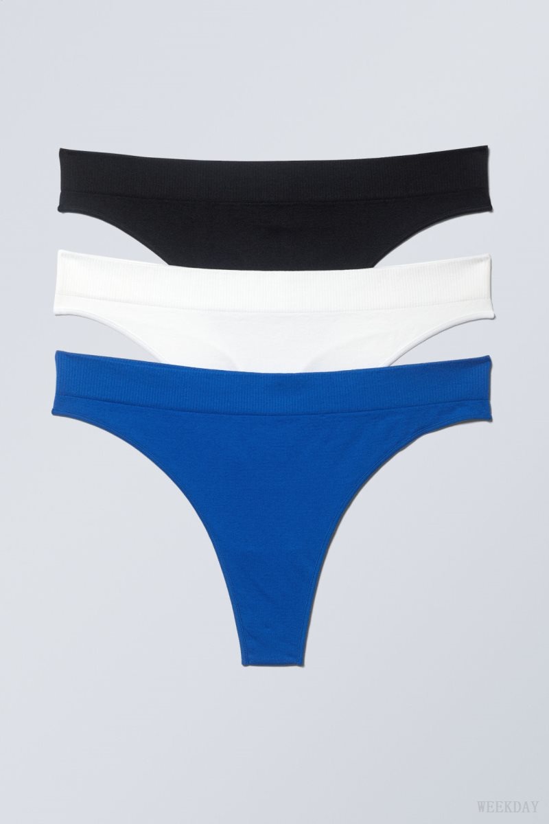 Weekday 3-pack Cat Soft Thong Thong Black White Blue | JOIT8772