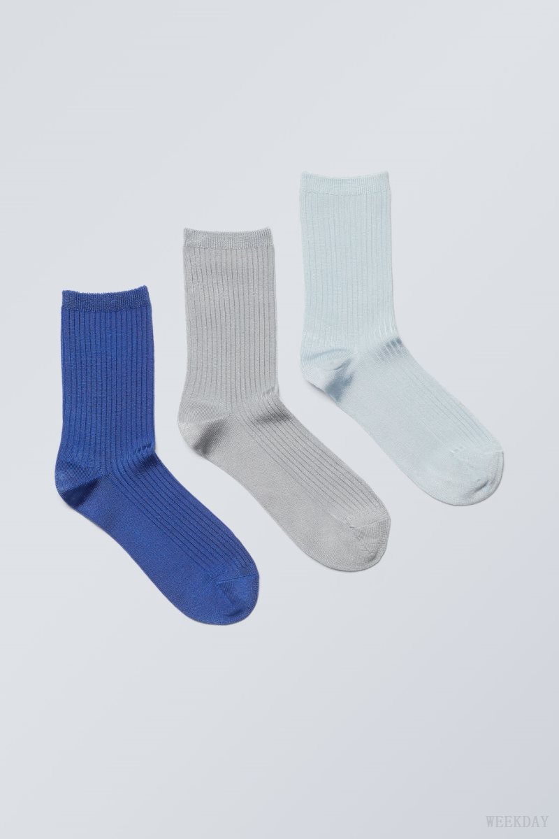 Weekday 3-pack Lova Shiny Socks Blue Grey | ZIIM7679