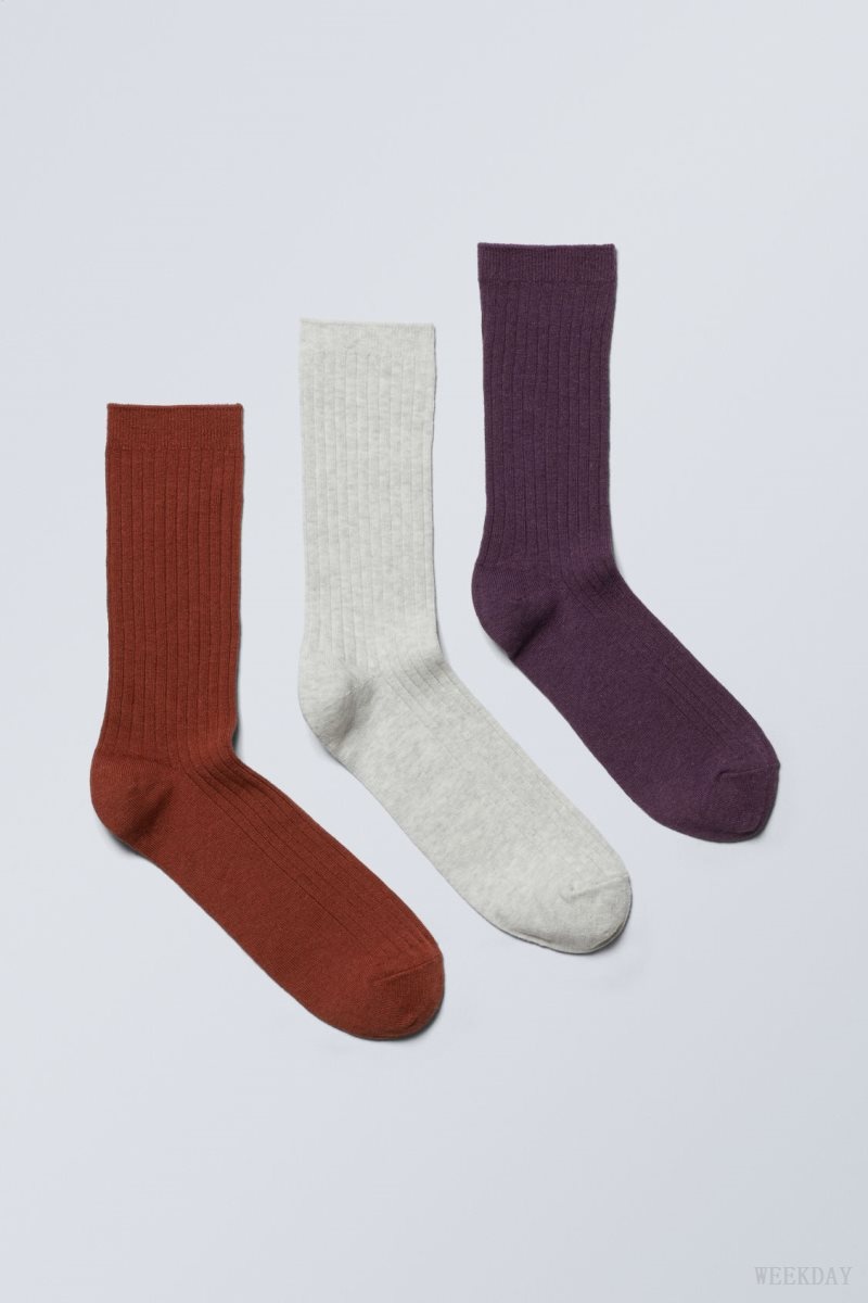 Weekday 3-pack Rib Socks Orange Beige Purple | HLFZ4966