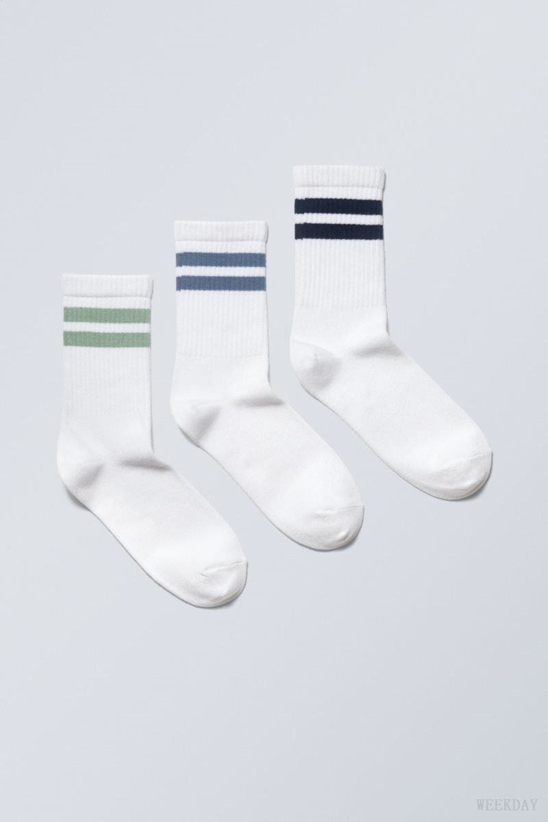 Weekday 3-pack Sport Striped Socks Black Blue Green Stripes | CDWF5577